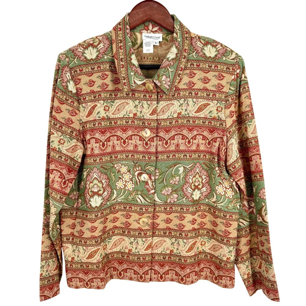 Coldwater Creek Sz Large Tapestry Jacket Red Green Long Sleeve Blouse Shirt Top